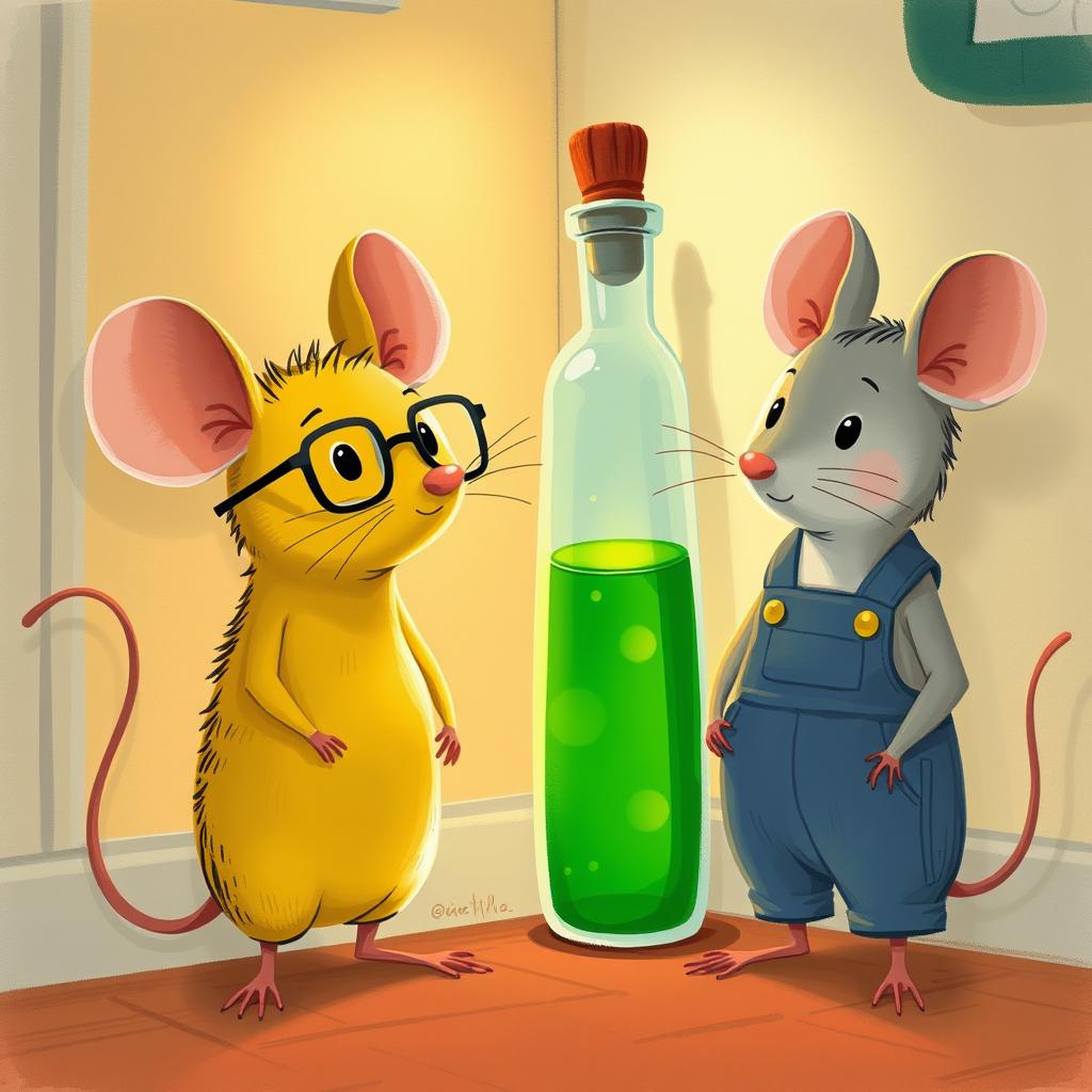 A whimsical illustration featuring a yellow mouse wearing glasses and a gray mouse dressed in overalls, both standing in front of a corner where there is a glass bottle filled with oil