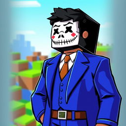 A Minecraft style character design featuring a man in a bright blue suit, wearing a white mask with a poker face expression