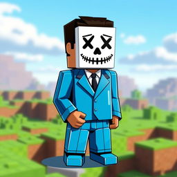 A Minecraft style character design featuring a man in a bright blue suit, wearing a white mask with a poker face expression