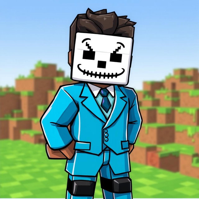 A Minecraft style character design featuring a man in a bright blue suit, wearing a white mask with a poker face expression