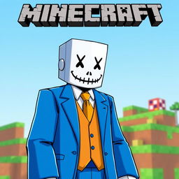 A Minecraft style character design featuring a man in a bright blue suit, wearing a white mask with a poker face expression