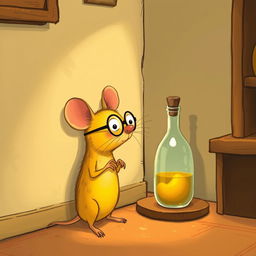 A charming illustration of a yellow mouse wearing glasses, carefully observing a glass bottle filled with oil placed in the corner of a wall