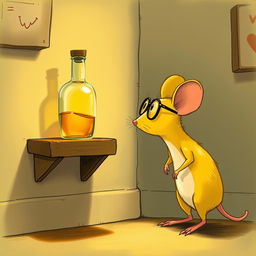 A charming illustration of a yellow mouse wearing glasses, carefully observing a glass bottle filled with oil placed in the corner of a wall