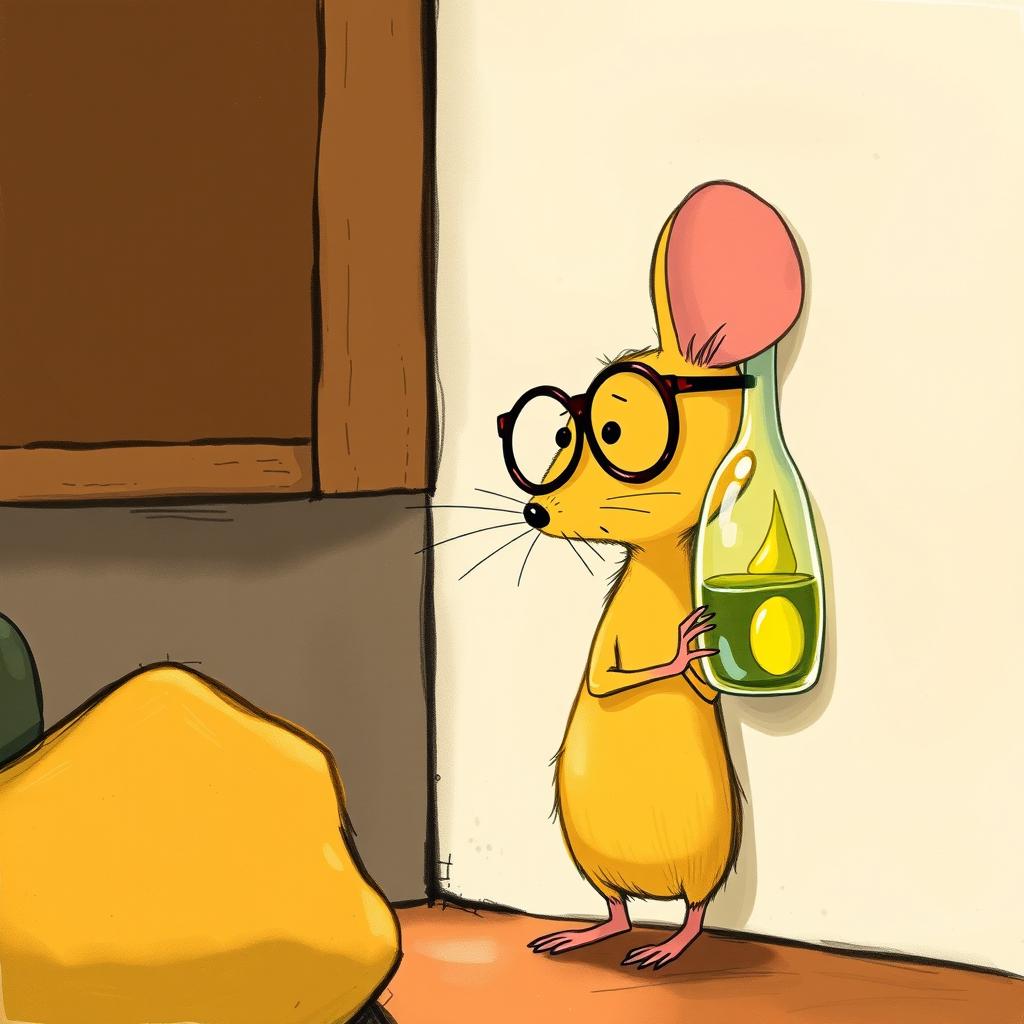 A charming illustration of a yellow mouse wearing glasses, carefully observing a glass bottle filled with oil placed in the corner of a wall