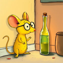 A charming illustration of a yellow mouse wearing glasses, carefully observing a glass bottle filled with oil placed in the corner of a wall