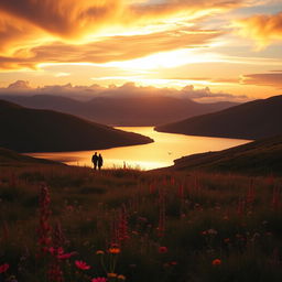 A serene landscape during sunset, featuring rolling hills and a calm lake reflecting the vibrant colors of the sky