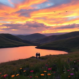 A serene landscape during sunset, featuring rolling hills and a calm lake reflecting the vibrant colors of the sky
