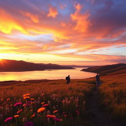 A serene landscape during sunset, featuring rolling hills and a calm lake reflecting the vibrant colors of the sky