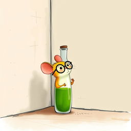 A charming illustration of a yellow mouse wearing glasses, carefully observing a glass bottle filled with green oil positioned in the corner of a wall