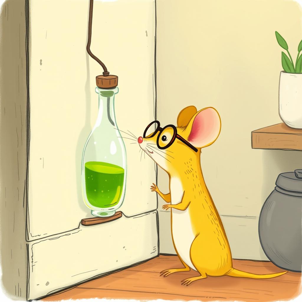 A charming illustration of a yellow mouse wearing glasses, carefully observing a glass bottle filled with green oil positioned in the corner of a wall