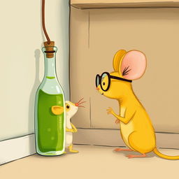 A charming illustration of a yellow mouse wearing glasses, carefully observing a glass bottle filled with green oil positioned in the corner of a wall