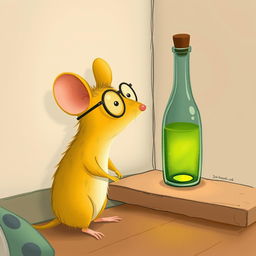 A charming illustration of a yellow mouse wearing glasses, carefully observing a glass bottle filled with green oil positioned in the corner of a wall