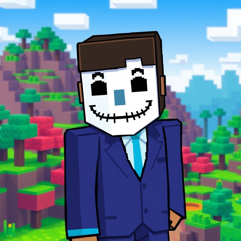 A pixel art character resembling a man in a blue suit and a white mask with a poker face, styled in Minecraft aesthetics, standing confidently