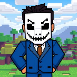 A pixel art character resembling a man in a blue suit and a white mask with a poker face, styled in Minecraft aesthetics, standing confidently
