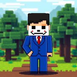 A pixel art character resembling a man in a blue suit and a white mask with a poker face, styled in Minecraft aesthetics, standing confidently