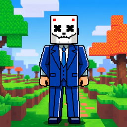 A pixel art character resembling a man in a blue suit and a white mask with a poker face, styled in Minecraft aesthetics, standing confidently