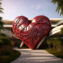 A distinctive hospital building designed in the shape of a realistic human heart, intricate veins and arteries serving as pathways, situated in a serene environment.