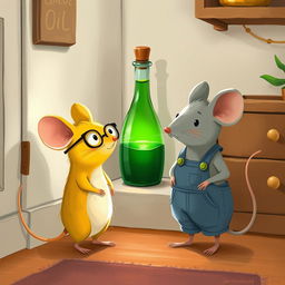 A whimsical illustration featuring a yellow mouse wearing glasses and a gray mouse dressed in overalls, both standing in front of a corner where there is a glass bottle filled with green oil