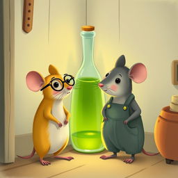 A whimsical illustration featuring a yellow mouse wearing glasses and a gray mouse dressed in overalls, both standing in front of a corner where there is a glass bottle filled with green oil