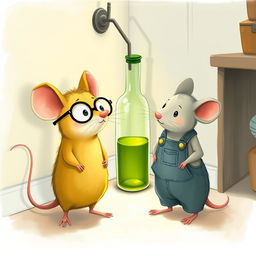 A whimsical illustration featuring a yellow mouse wearing glasses and a gray mouse dressed in overalls, both standing in front of a corner where there is a glass bottle filled with green oil