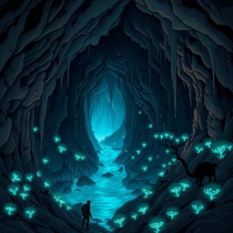 A dynamic and detailed illustration of a caver exploring a vast, intricate cave system filled with stunning rock formations, stalactites, and crystal clear underground pools