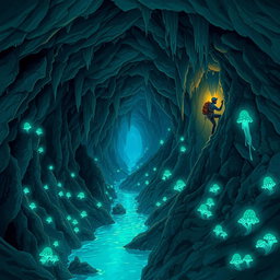 A dynamic and detailed illustration of a caver exploring a vast, intricate cave system filled with stunning rock formations, stalactites, and crystal clear underground pools