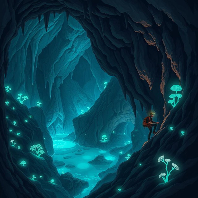 A dynamic and detailed illustration of a caver exploring a vast, intricate cave system filled with stunning rock formations, stalactites, and crystal clear underground pools