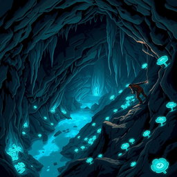 A dynamic and detailed illustration of a caver exploring a vast, intricate cave system filled with stunning rock formations, stalactites, and crystal clear underground pools