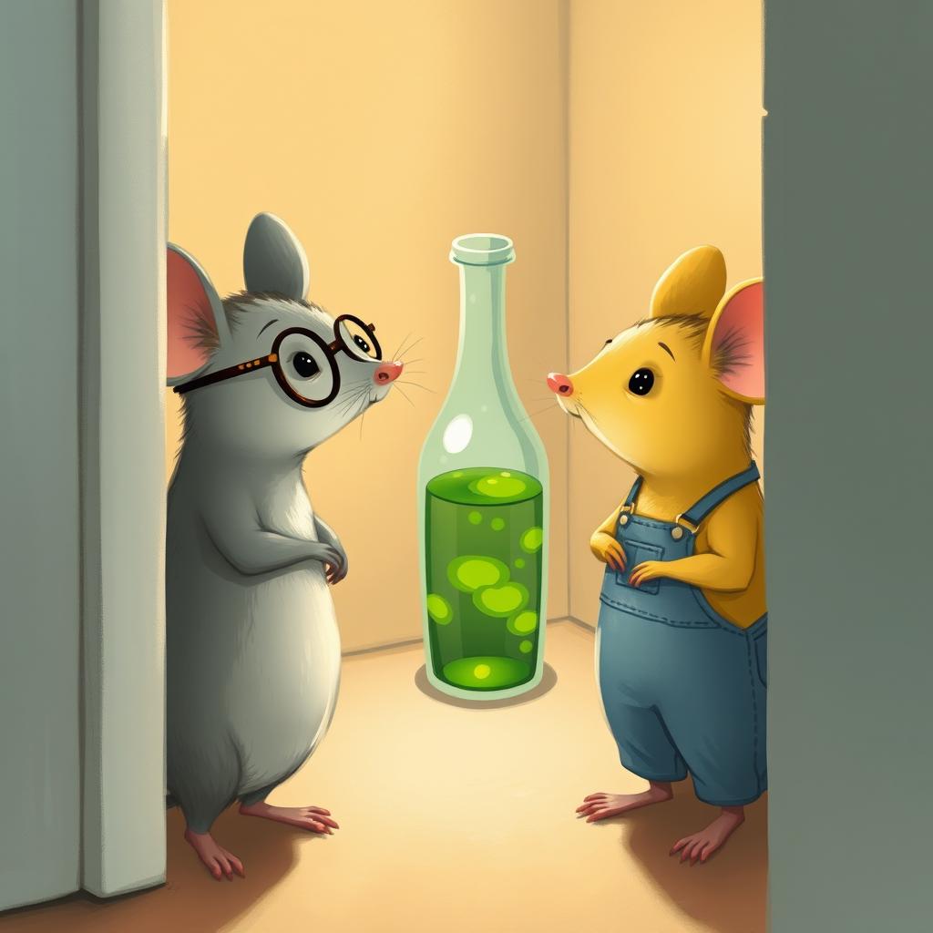 A delightful illustration of a yellow mouse wearing glasses and a gray mouse dressed in overalls, both standing in a corner where there is a glass bottle filled with green oil