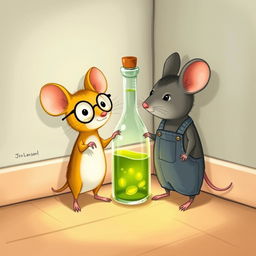 A delightful illustration of a yellow mouse wearing glasses and a gray mouse dressed in overalls, both standing in a corner where there is a glass bottle filled with green oil