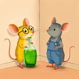 A delightful illustration of a yellow mouse wearing glasses and a gray mouse dressed in overalls, both standing in a corner where there is a glass bottle filled with green oil