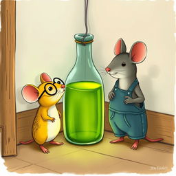 A delightful illustration of a yellow mouse wearing glasses and a gray mouse dressed in overalls, both standing in a corner where there is a glass bottle filled with green oil