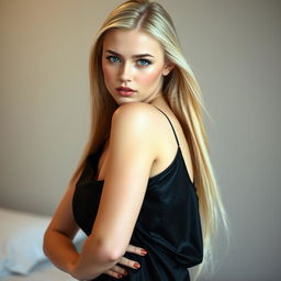 A beautiful young and pretty blonde woman with ultra straight long silky blonde hair and soft white skin adorned with rosy red cheeks
