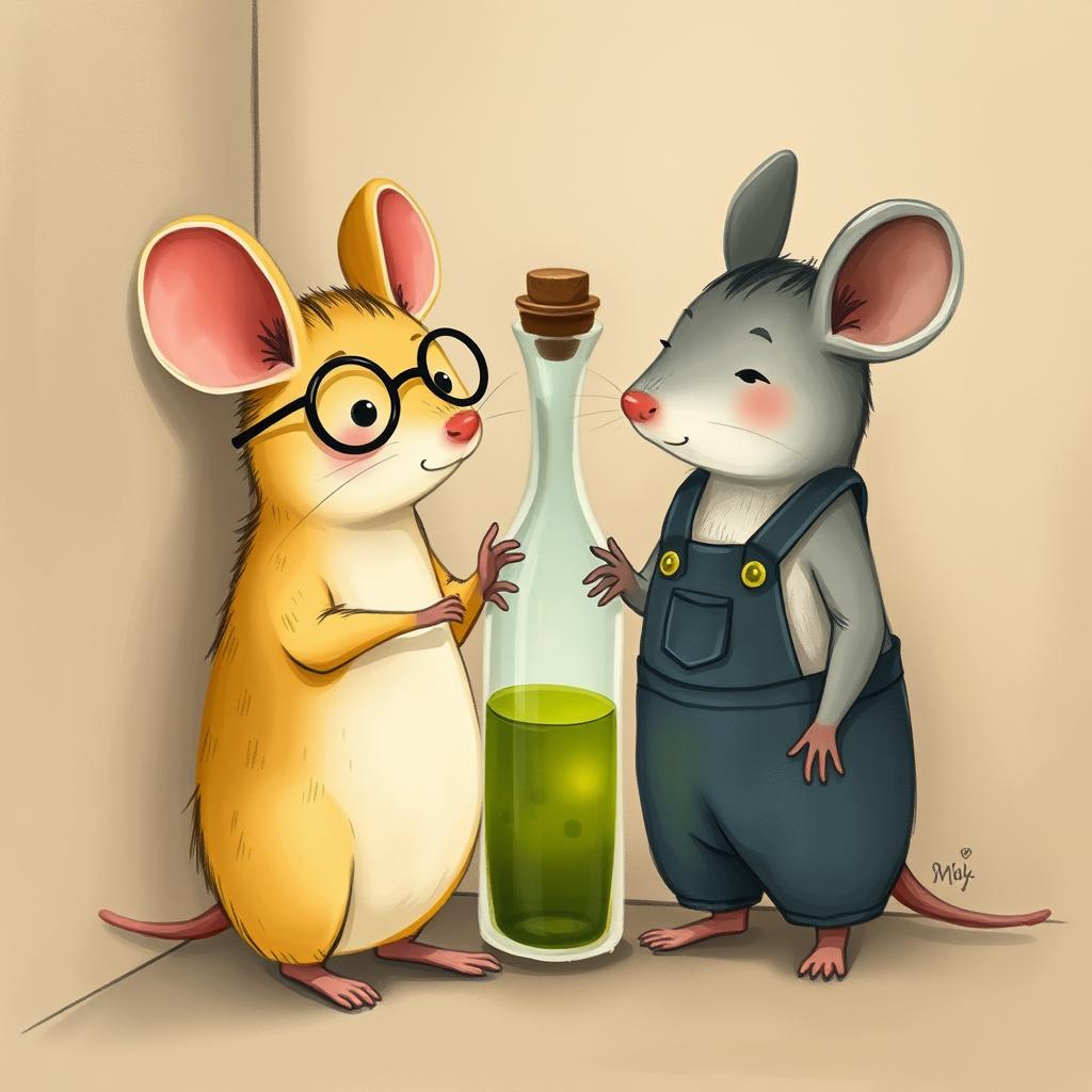 A whimsical illustration depicting a yellow mouse with glasses and a gray mouse wearing overalls, both standing in a corner where there is a glass bottle filled with green oil