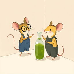 A whimsical illustration depicting a yellow mouse with glasses and a gray mouse wearing overalls, both standing in a corner where there is a glass bottle filled with green oil