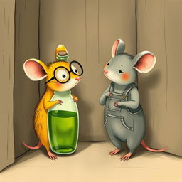 A whimsical illustration depicting a yellow mouse with glasses and a gray mouse wearing overalls, both standing in a corner where there is a glass bottle filled with green oil