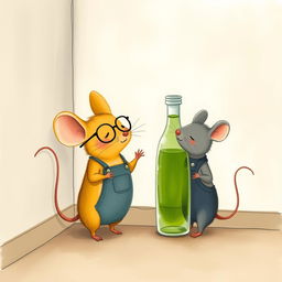 A whimsical illustration depicting a yellow mouse with glasses and a gray mouse wearing overalls, both standing in a corner where there is a glass bottle filled with green oil