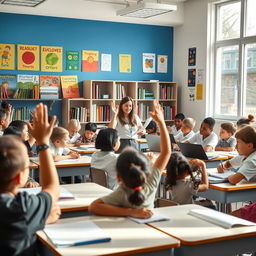 A vibrant classroom scene featuring diverse students engaged in various activities such as reading, studying, and collaborating