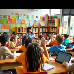 A vibrant classroom scene featuring diverse students engaged in various activities such as reading, studying, and collaborating