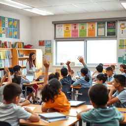 A vibrant classroom scene featuring diverse students engaged in various activities such as reading, studying, and collaborating
