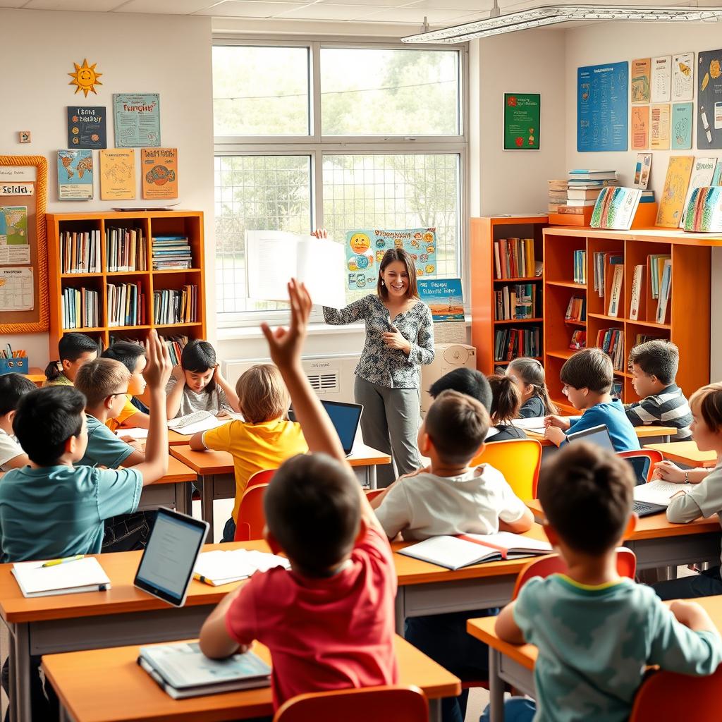 A vibrant classroom scene featuring diverse students engaged in various activities such as reading, studying, and collaborating