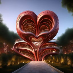 A distinctive hospital building designed in the shape of a realistic human heart, intricate veins and arteries serving as pathways, situated in a serene environment.