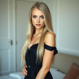 A beautiful young and pretty blonde woman with ultra straight long silky blonde hair and soft white skin adorned with rosy red cheeks