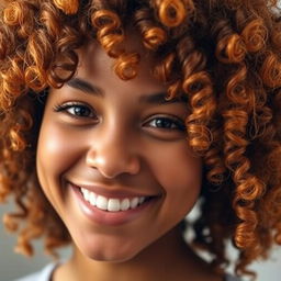 A close-up portrait of a person with vibrant curly hair, showcasing the texture and shine of each curl