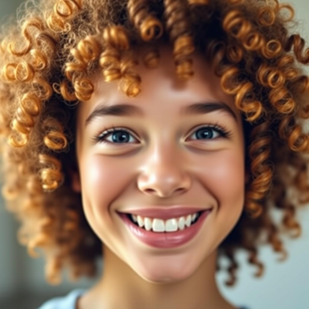 A close-up portrait of a person with vibrant curly hair, showcasing the texture and shine of each curl