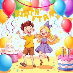 A vibrant vector illustration depicting a joyful birthday party scene with a boy and girl dancing together