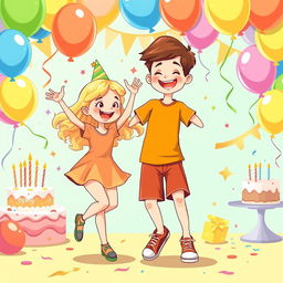 A vibrant vector illustration depicting a joyful birthday party scene with a boy and girl dancing together