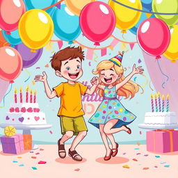 A vibrant vector illustration depicting a joyful birthday party scene with a boy and girl dancing together