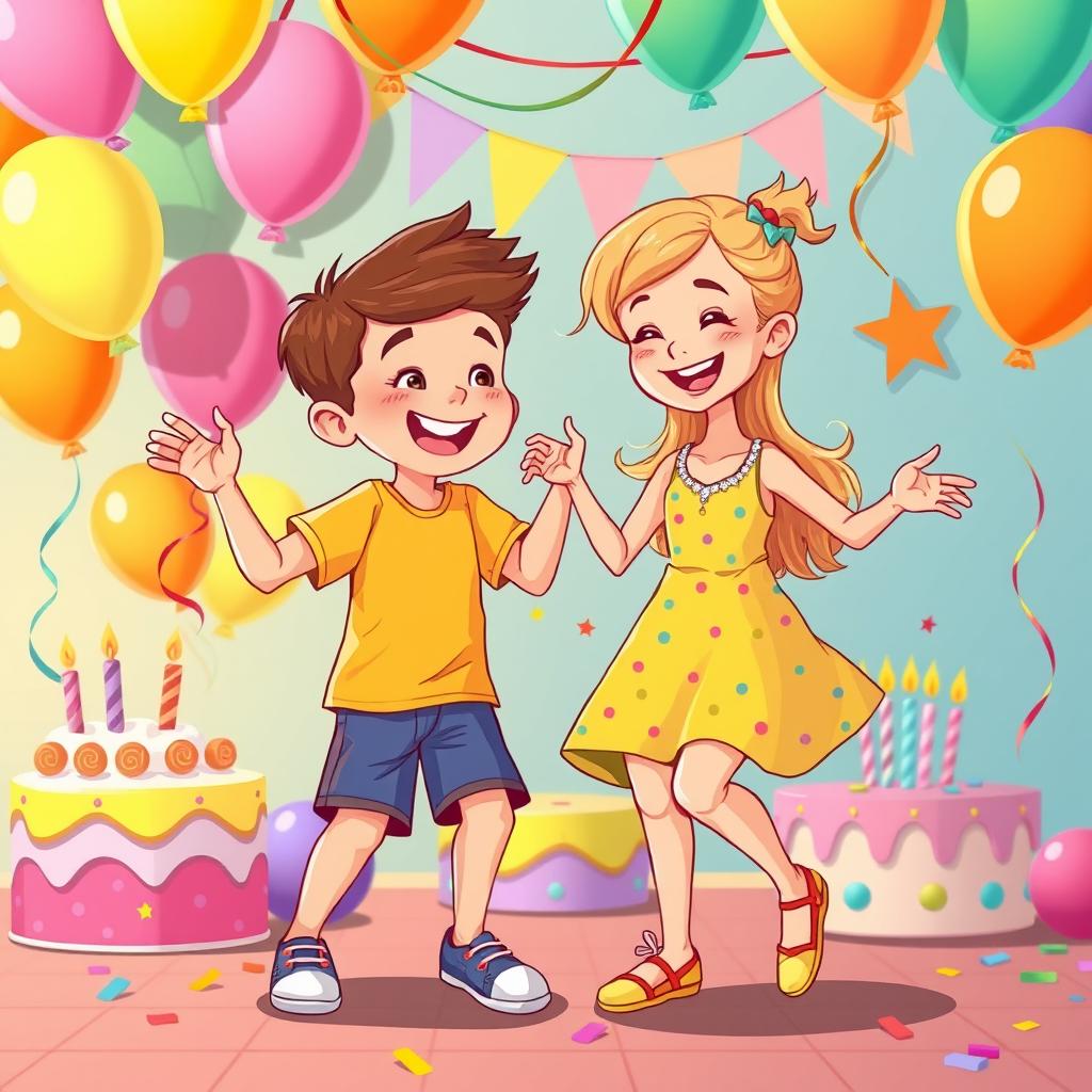 A vibrant vector illustration depicting a joyful birthday party scene with a boy and girl dancing together