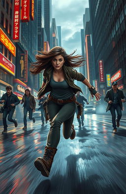 A dynamic scene of a main character running desperately from pursuers in a thrilling chase